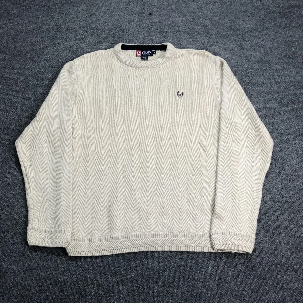 Chaps Sweater Mens Medium White Cotton Herringbone Knit Crewneck Pullover Logo